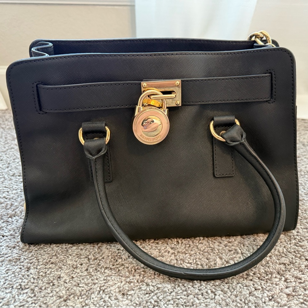 Michael Kors Black Leather Handbag with Gold Accents